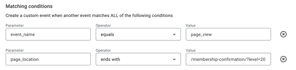 Enter the parameters, matches, and values for  the custom event in GA4 create custom event screen