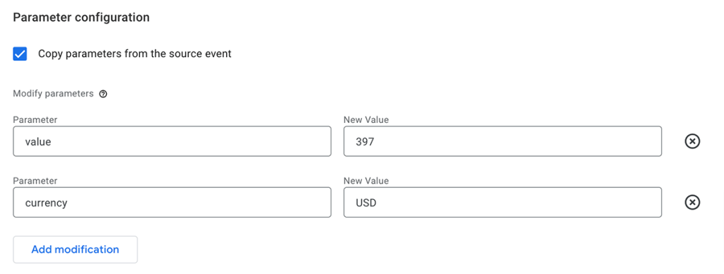Enter the parameter configuration for value and currency in GA4 create custom event screen