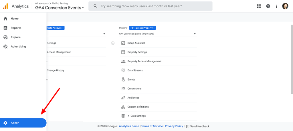 Visit your Google Analytics 4 property and click admin in the left sidebar to access event settings