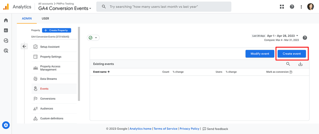 To create a custom event in GA4, click Create Event in the Admin > Property > Events screen.