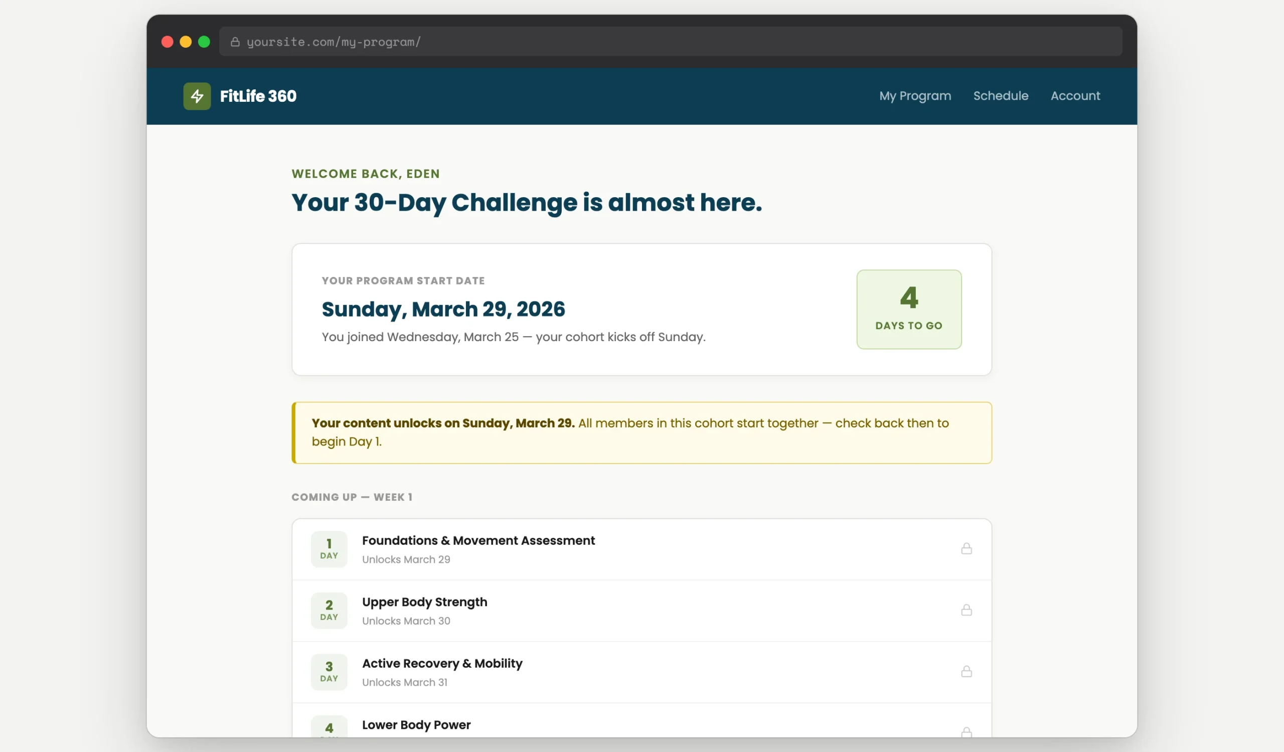 Membership confirmation page showing an order date of Wednesday March 25 and a membership start date of Sunday March 29
