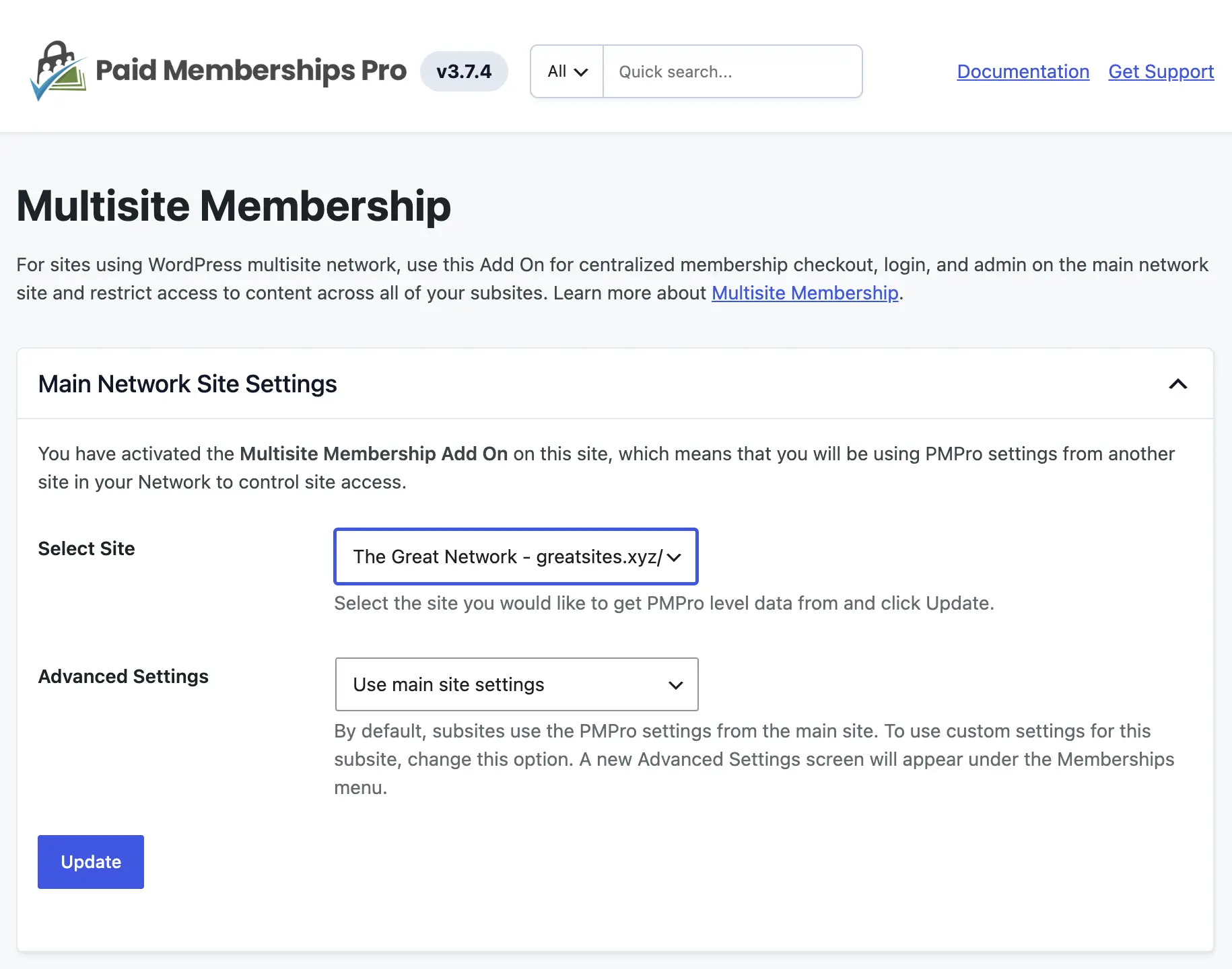 Screenshot of PMPro subsites Multisite Membership main network site settings.