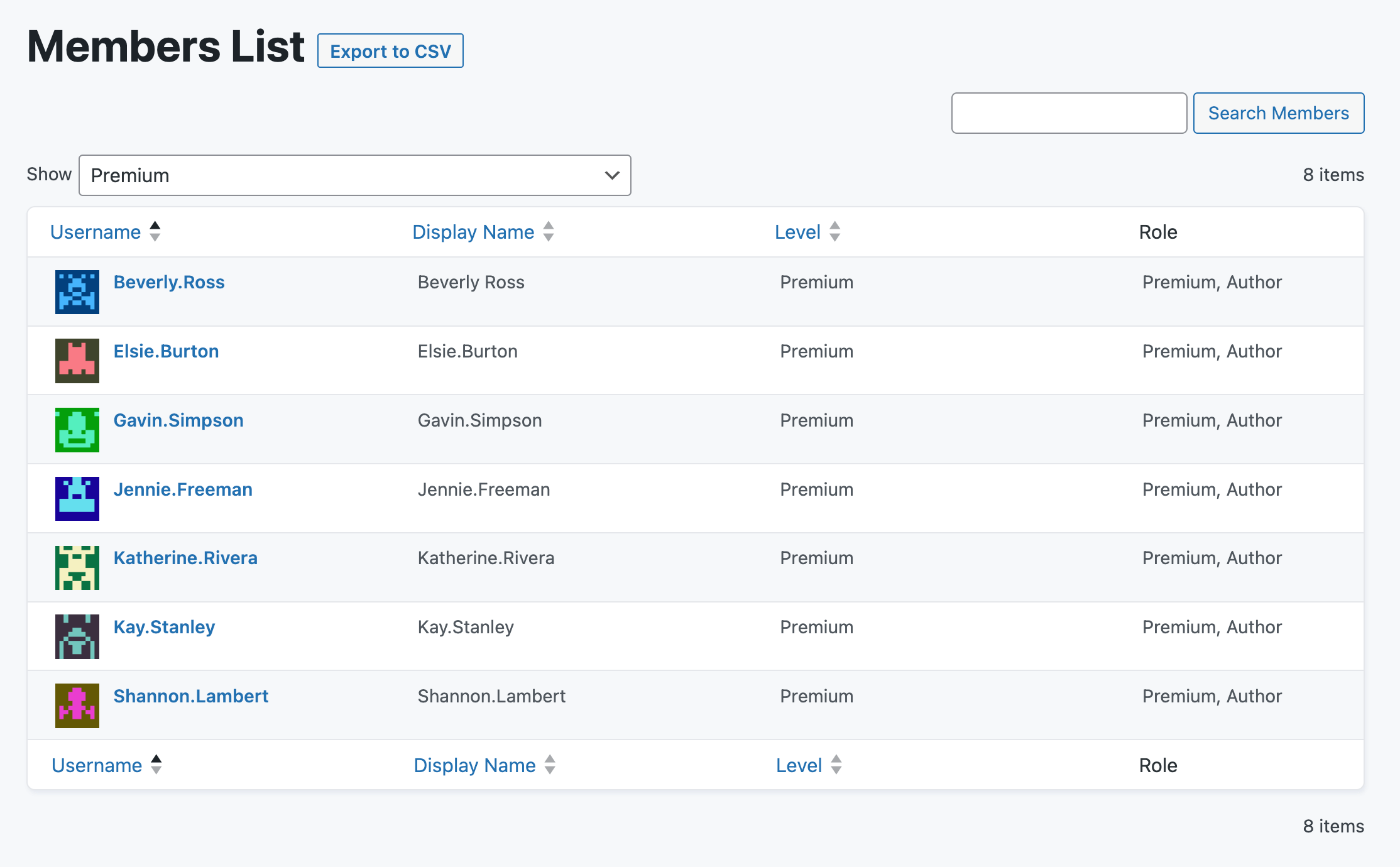 Screenshot of the Members List in Paid Memberships Pro including the custom member roles for membership level "Premium"