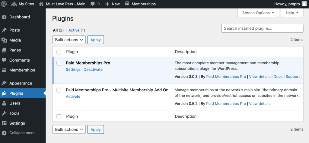 Plugin configuration for the main network site using the PMPro Multisite Membership Add On