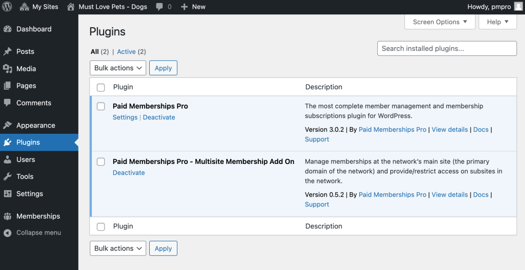 Plugin configuration for each subsite in the network using the PMPro Multisite Membership Add On