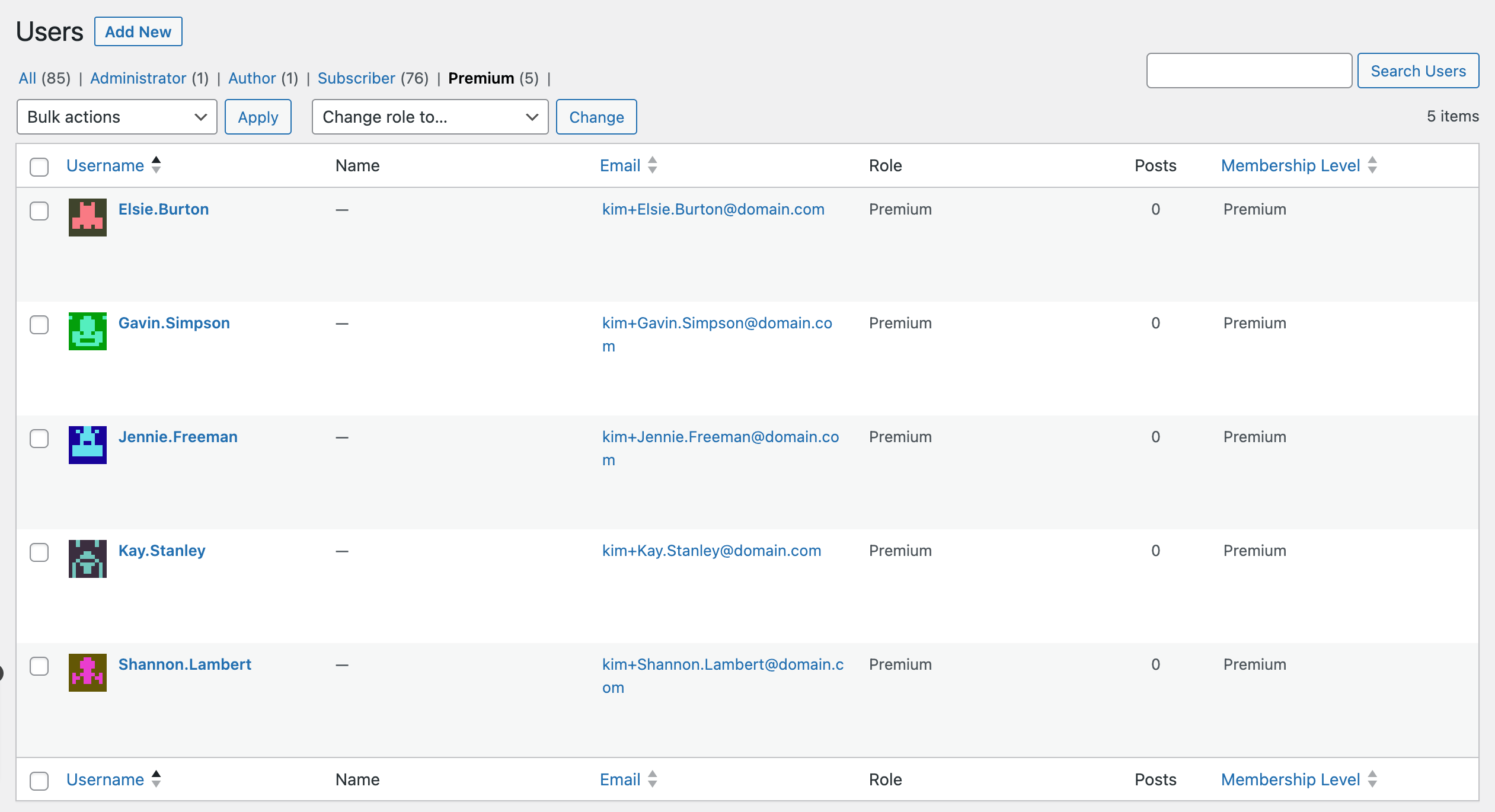 Screenshot of the WordPress Users list for a specific custom membership level role "Premium"