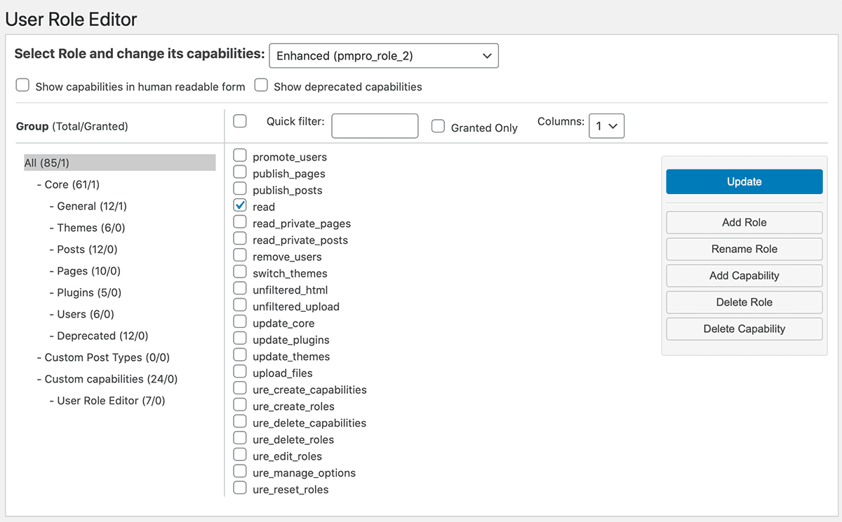 Editing a Role in the User Role Editor Plugin