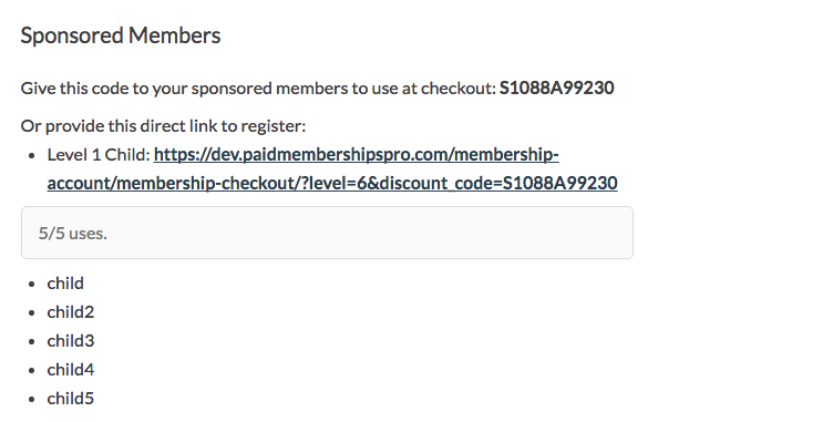 Users with a Sponsor Code can view their code, signup link, and current children on the Membership Account page