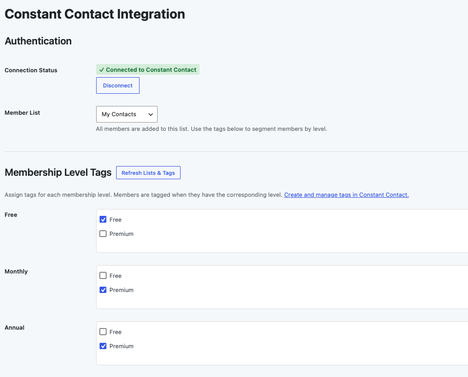 Constant Contact Settings
