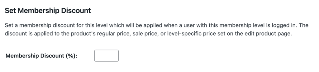 Edit Membership Level screen with the setting to set the membership discount for WooCommerce purchases