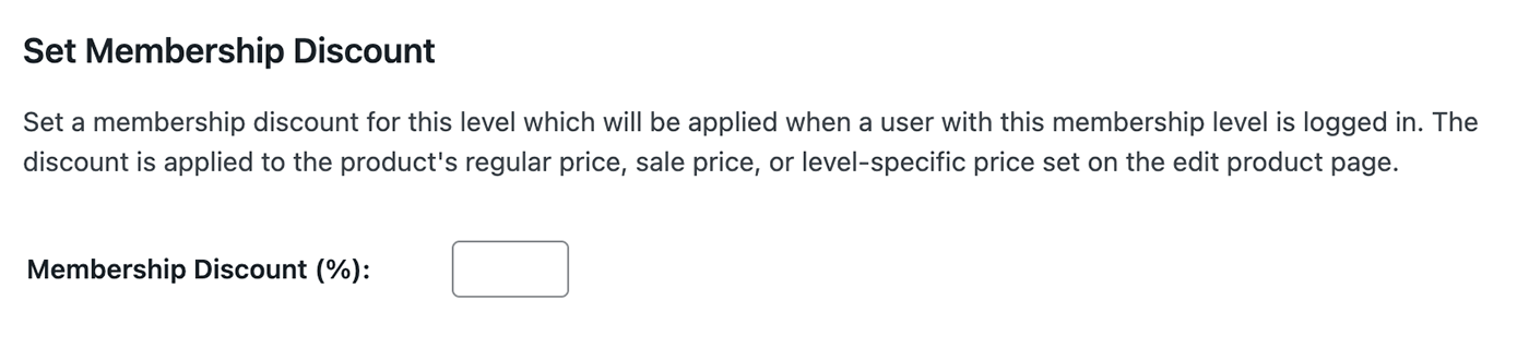 Edit Membership Level screen with the setting to set the membership discount for WooCommerce purchases