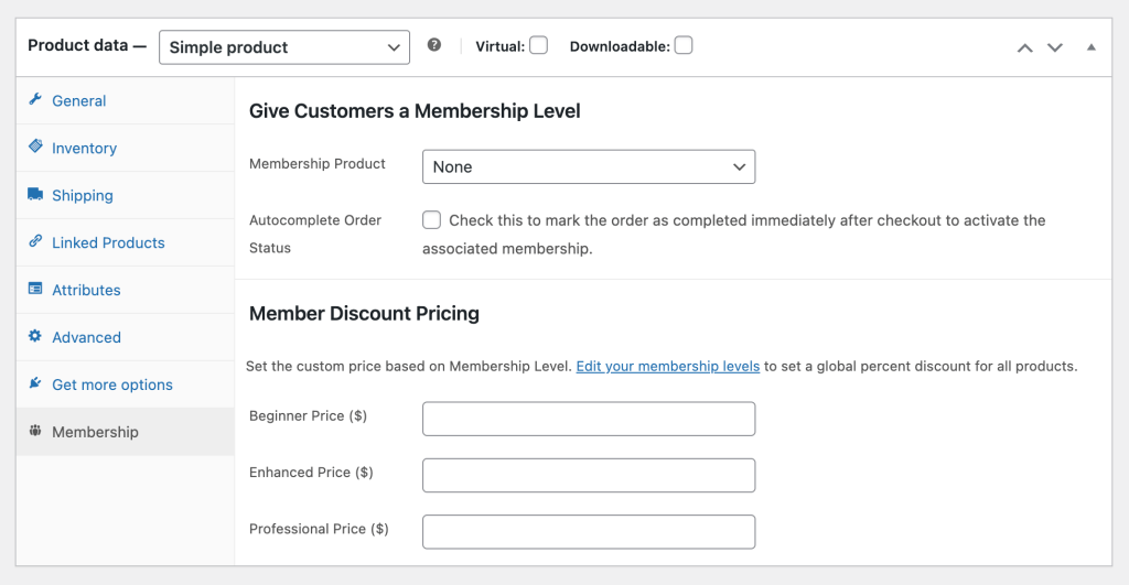 Screenshot of the settings page when you edit a single product in WooCommerce