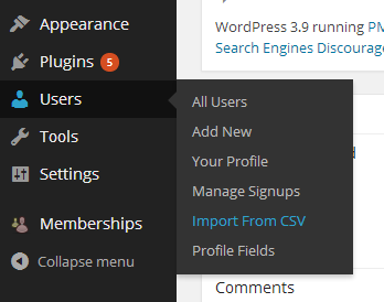 Screenshot to show how to get to "Import From CSV" on WordPress