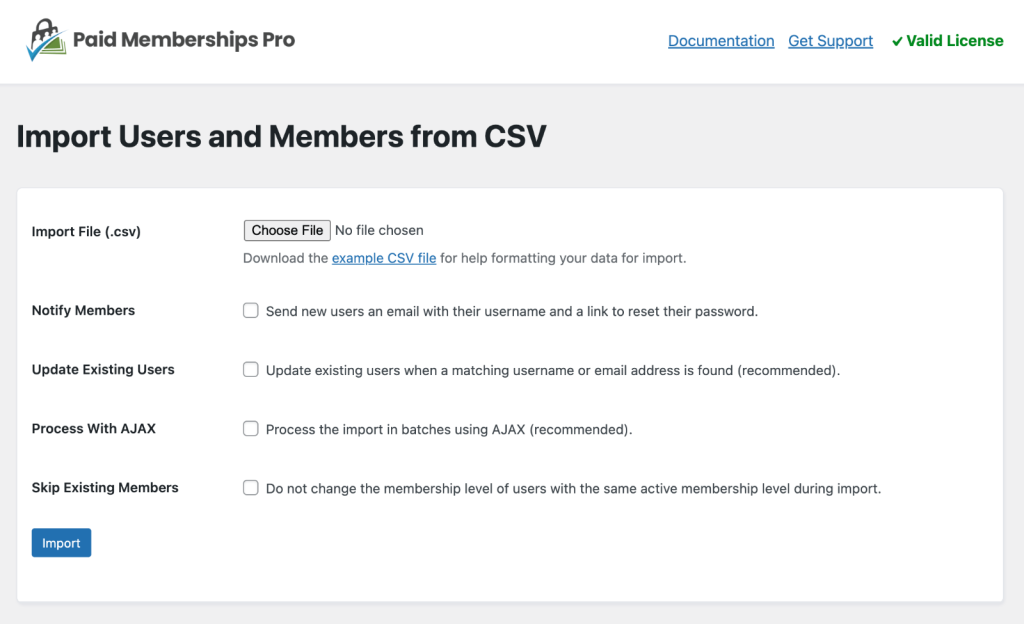 Screenshot of the PMPro import members settings screen to prepare your import in the WordPress admin