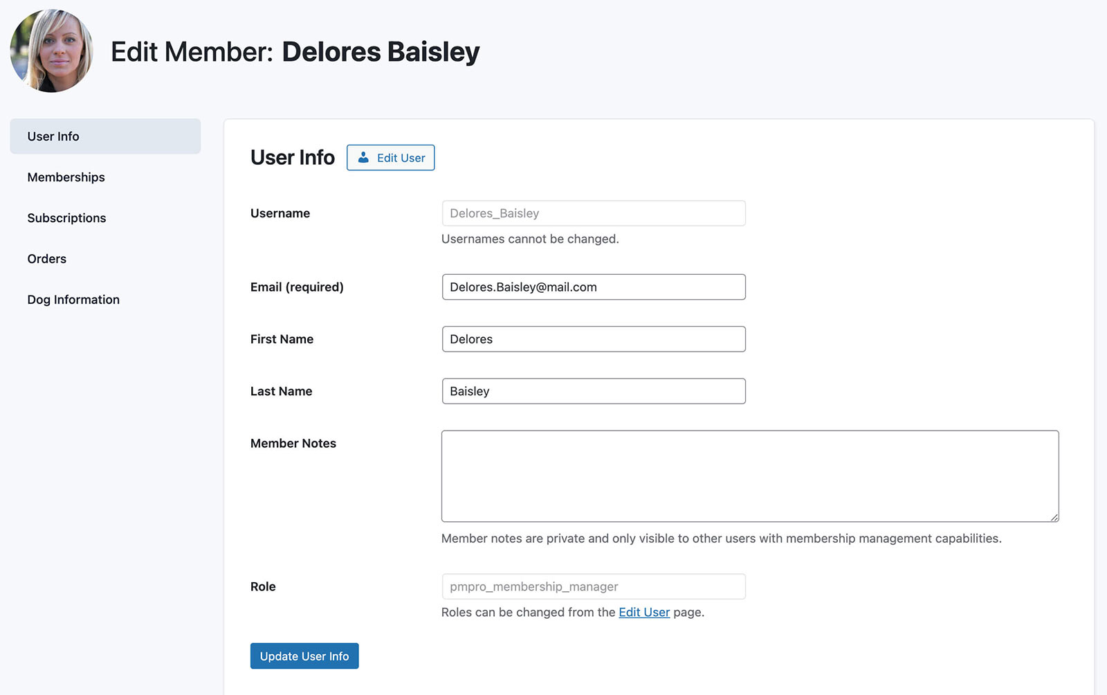 Edit Member screen for a user with the Membership Manager Role