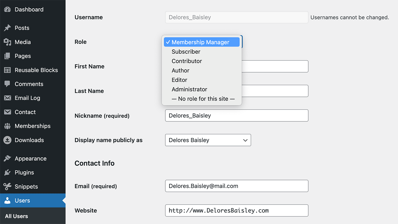 Edit user screen in WordPress admin to change their role to the Membership Manager