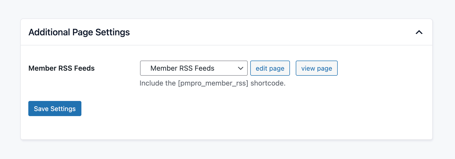 Additional Page Settings in Memberships > Settings with the Member RSS Feeds field set to the Member RSS Feeds page