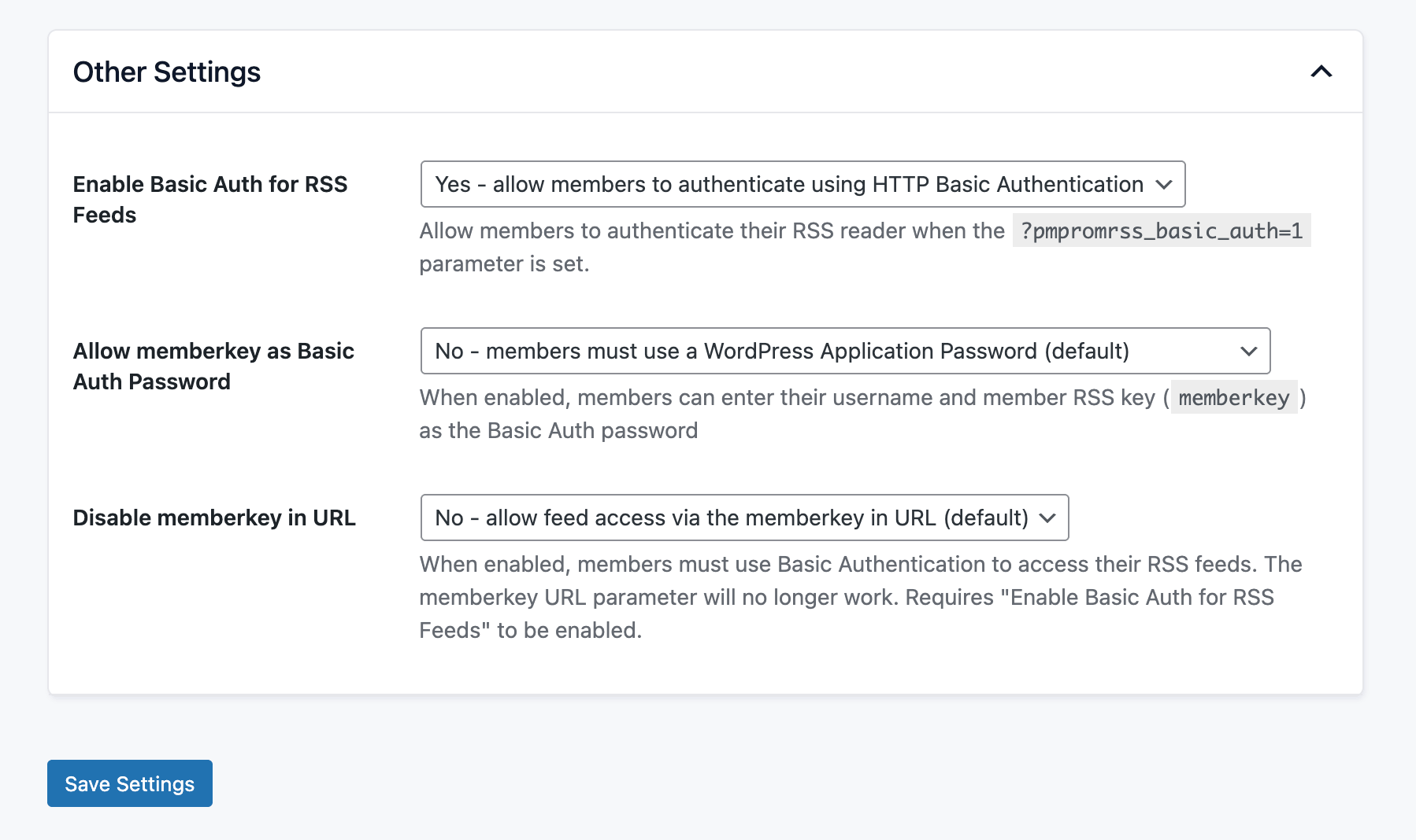 Memberships > Settings > Advanced with Enable Basic Auth for RSS Feeds set to Yes, showing all three settings active