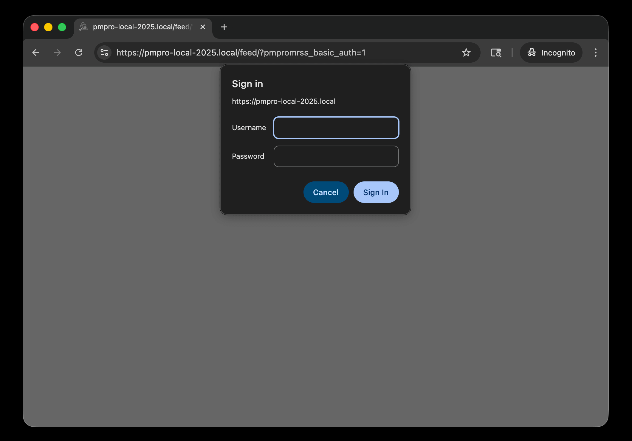 Browser Sign In dialog prompting for username and password when opening a feed URL with ?pmpromrss_basic_auth=1 appended
