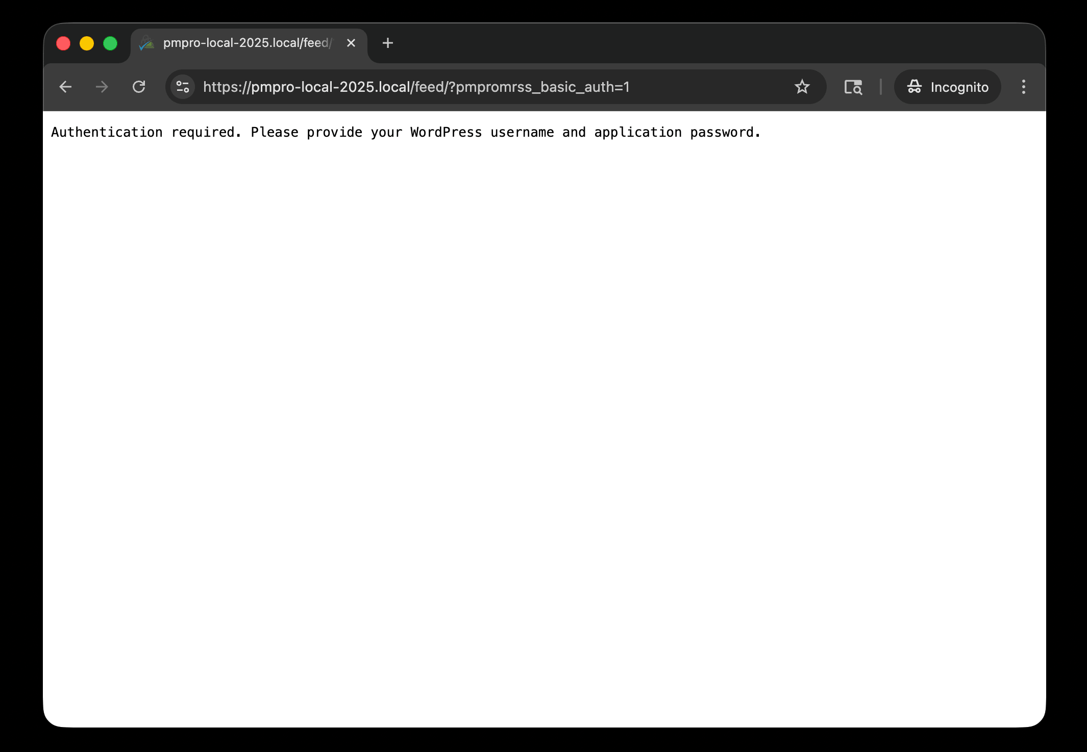 Browser error message reading "Authentication required. Please provide your WordPress username and application password." after a failed Basic Auth attempt