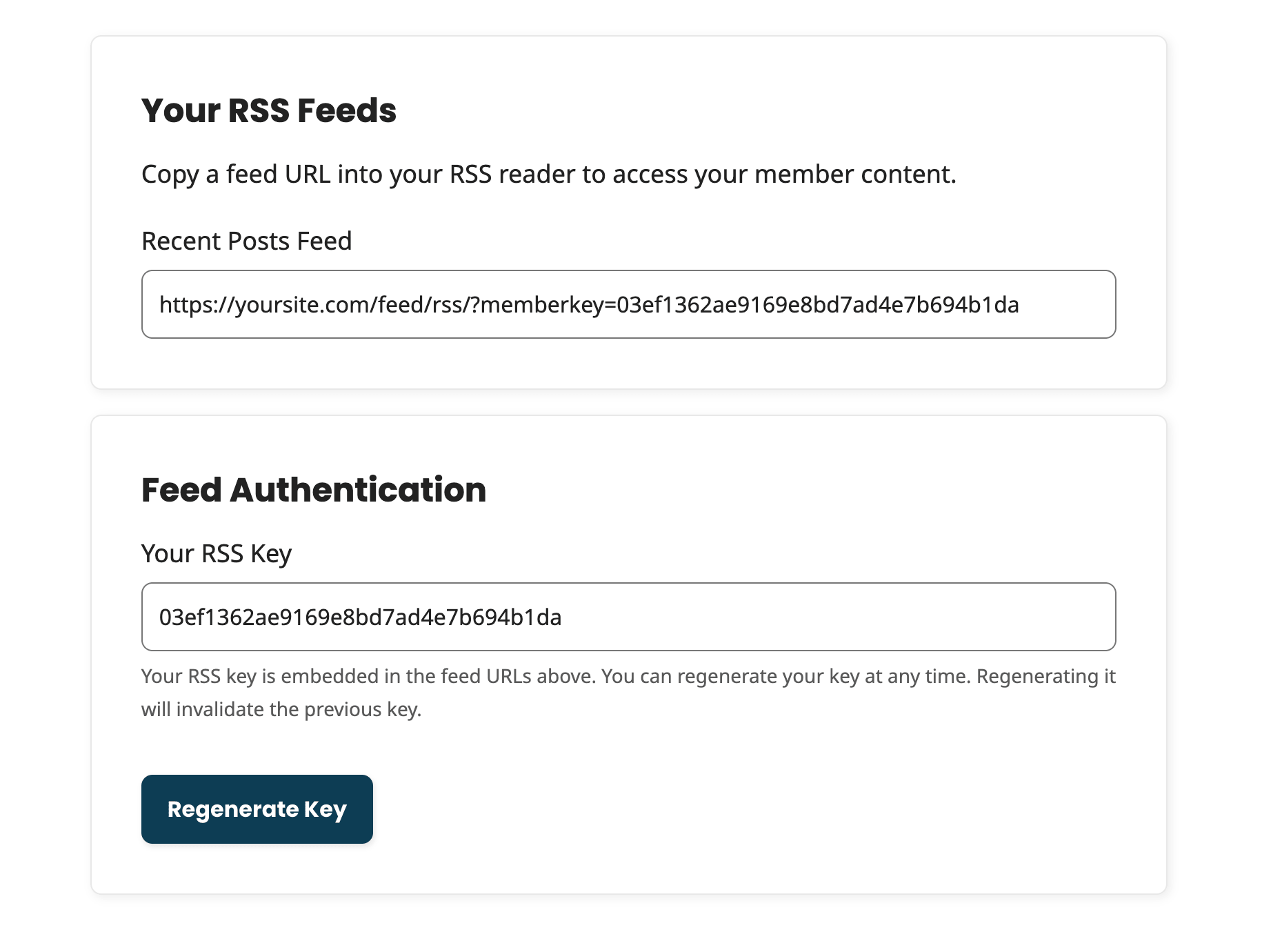 Frontend Member RSS Feed page showing the RSS feed URL with memberkey and the Feed Authentication section with a Regenerate Key button