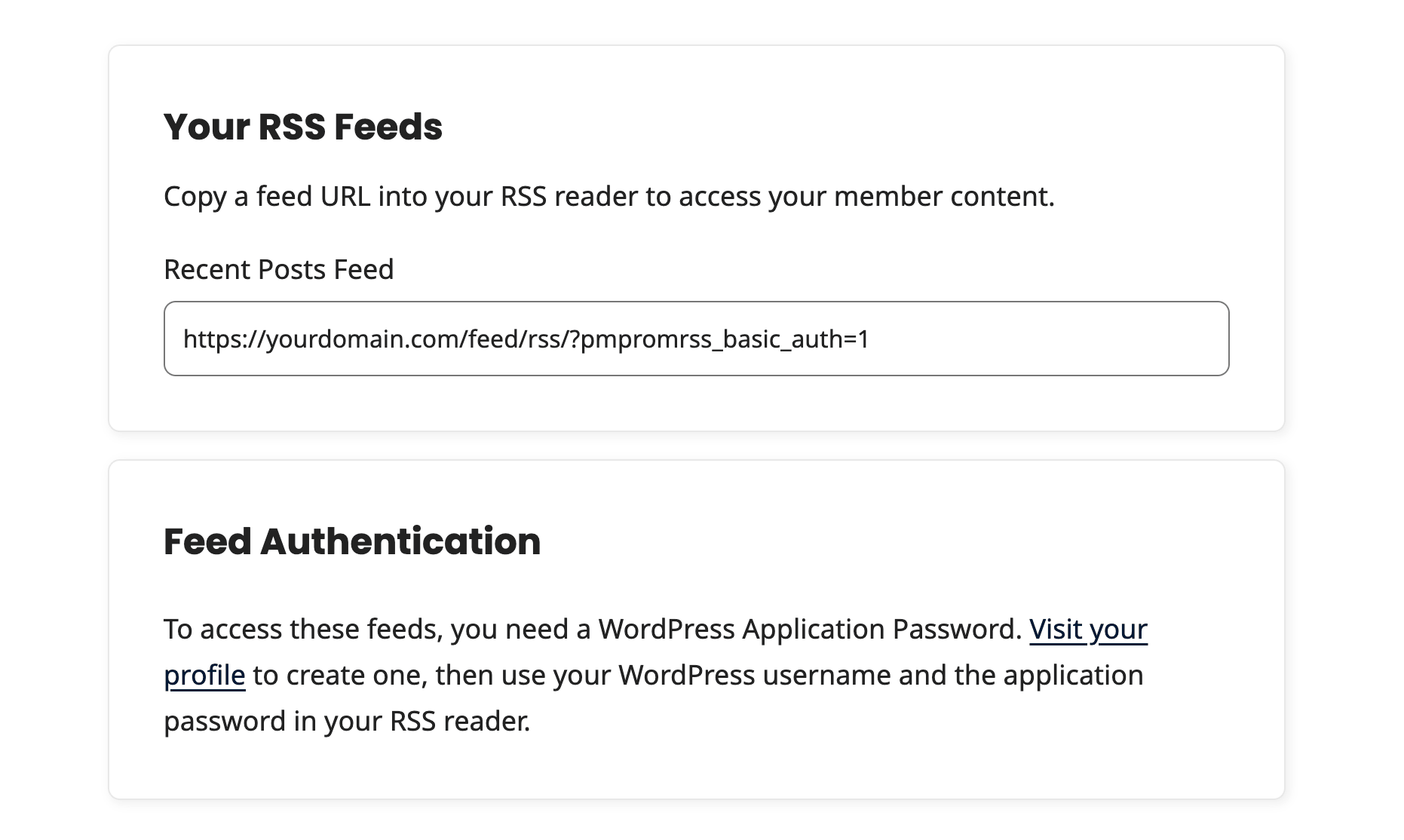 Frontend Member RSS Feed page when Basic Authentication is enabled without memberkey fallback, showing the Application Password instructions instead of a key field