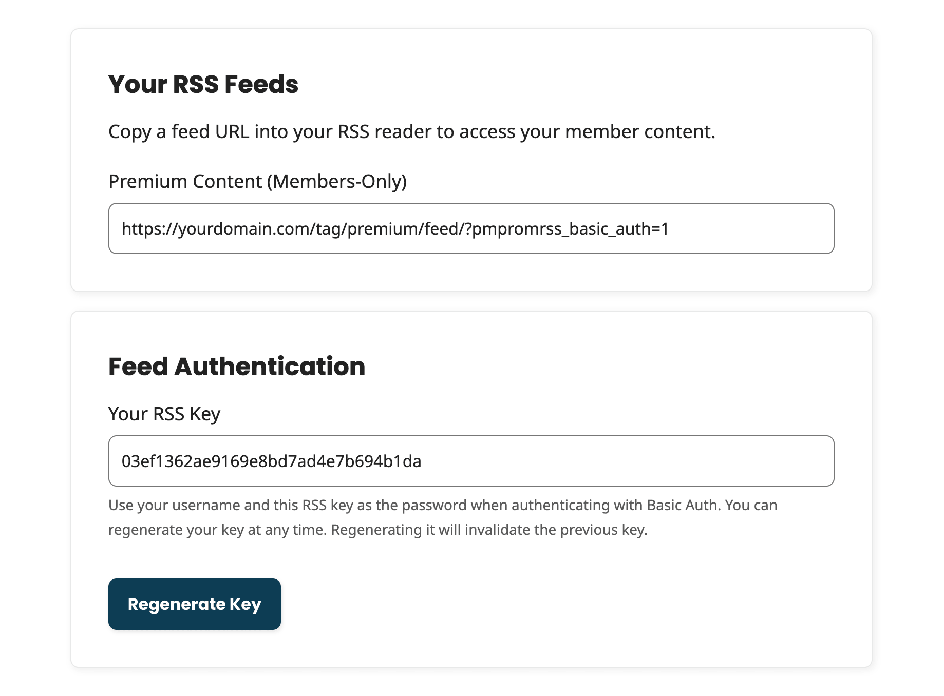 Frontend Member RSS Feed page when Allow memberkey as Basic Auth Password is enabled, showing the RSS key with a note to use it as the Basic Auth password