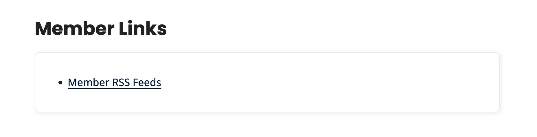 Membership Account page Member Links section with a link to Member RSS Feeds
