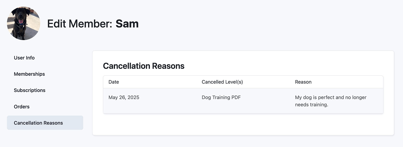 Admins and membership managers can view the history of a member's reason for cancellation on the Edit Member screen