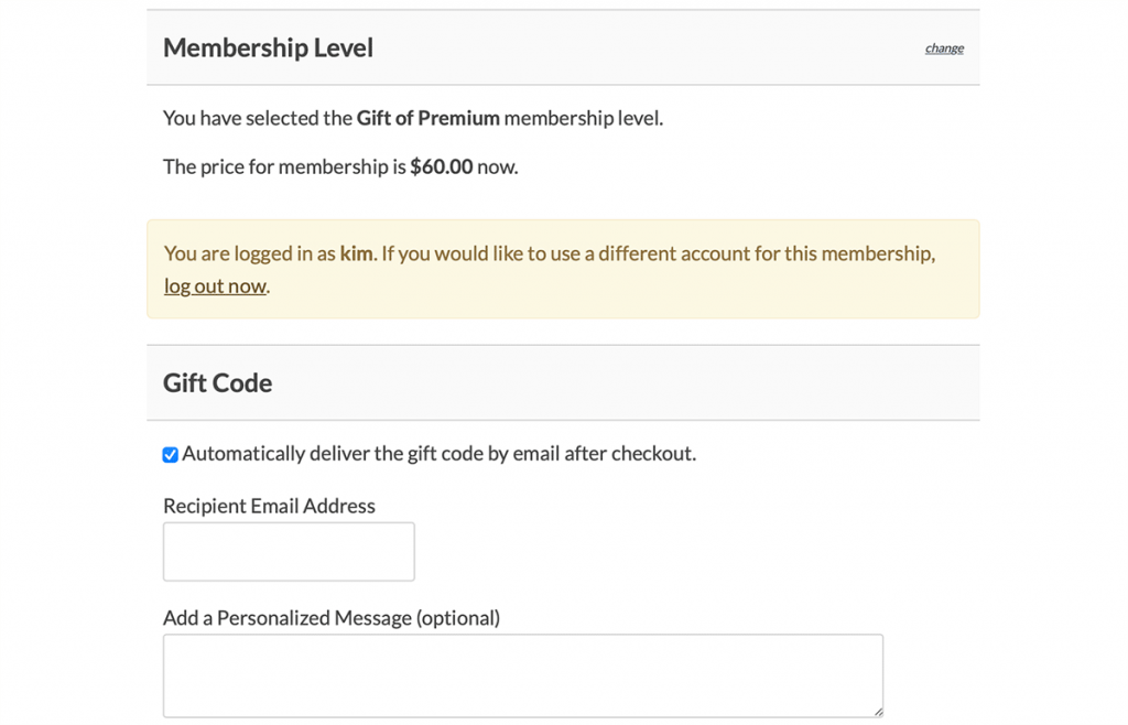 Gift Membership checkout page screenshot with recipient information fields