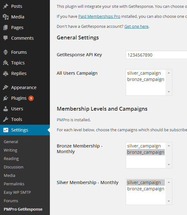 PMPro GetResponse Settings