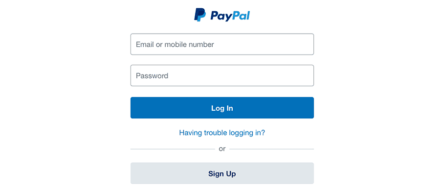 Screenshot of the PayPal log in page