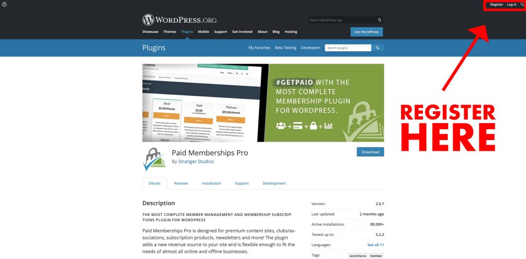 Screenshot of where to register for WordPress to leave a review about PMPro