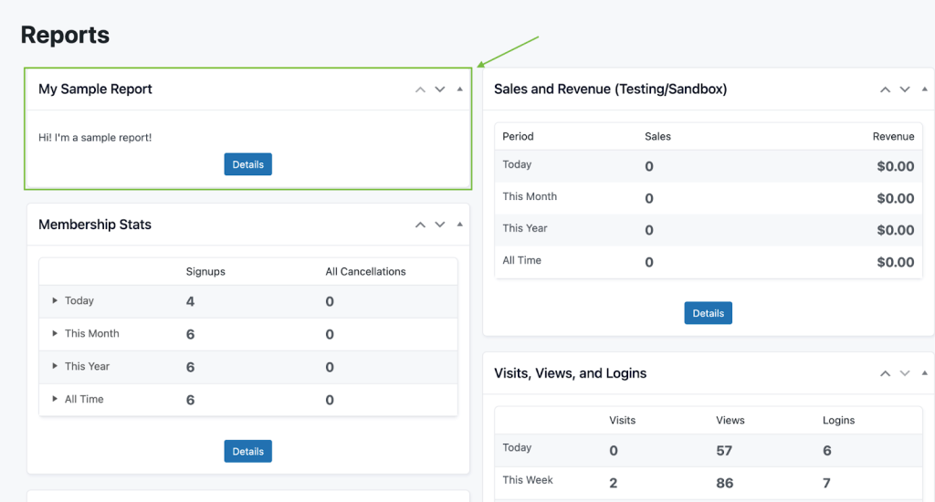 Screenshot of custom report in the Memberships > Reports Admin