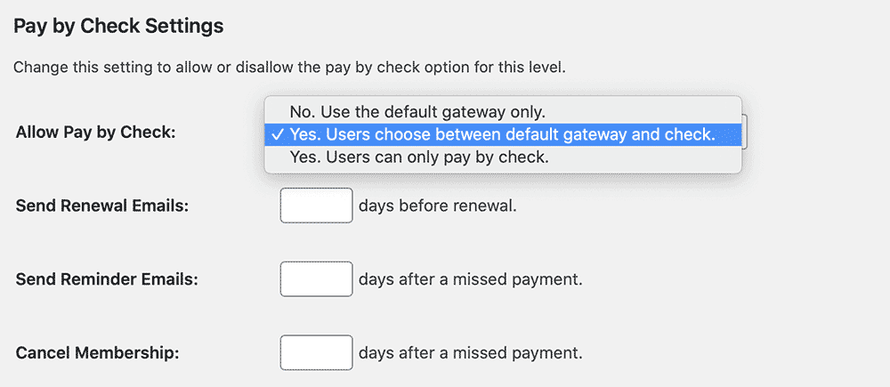 Screenshot of the Membership Level Settings for the Pay by Check Add On