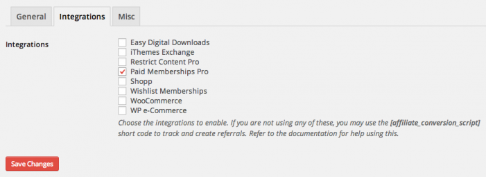 Paid Memberships Pro integration settings with AffiliateWP