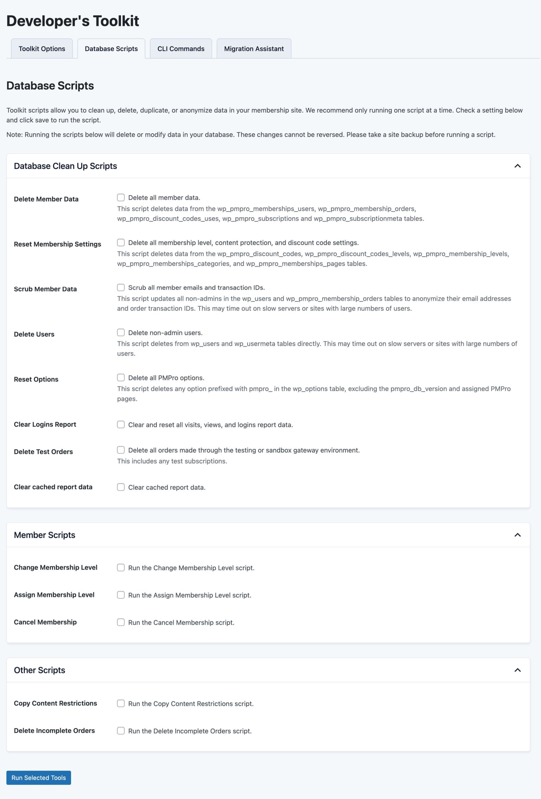 Screenshot of the Toolkit Add On Database Scripts page, showing the scramble member data, disable WP-CRON, and scramble subscription/transaction IDs toggles used to protect a staging or pre-launch site.
