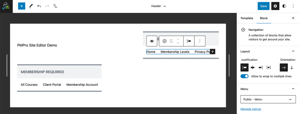 Finished Header Template Part with Two Conditional Main Menus