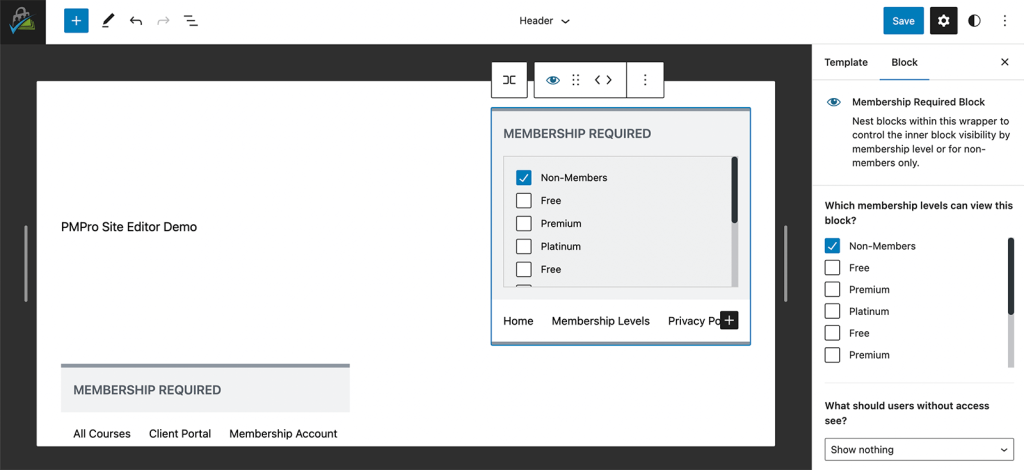 Insert the Membership Required Block in the Site Header Template Part