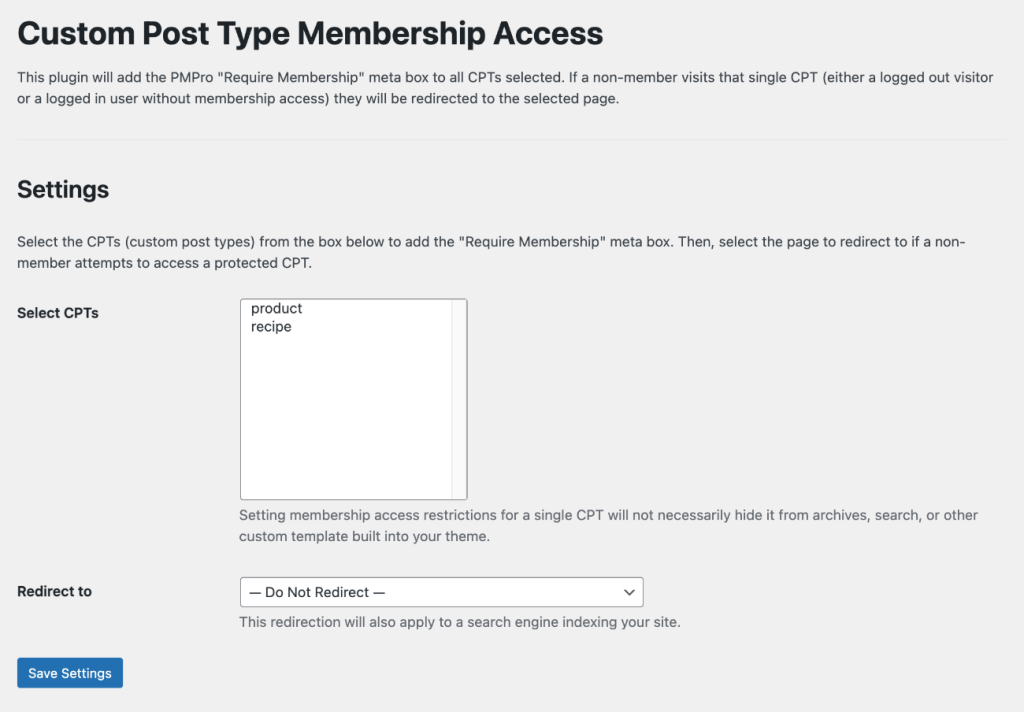 Screenshot of the Memberships > CPT Access Settings page in the WordPress admin.