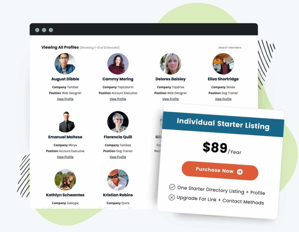 Screenshot of a Member Directory with a Pricing Table and Buy Button