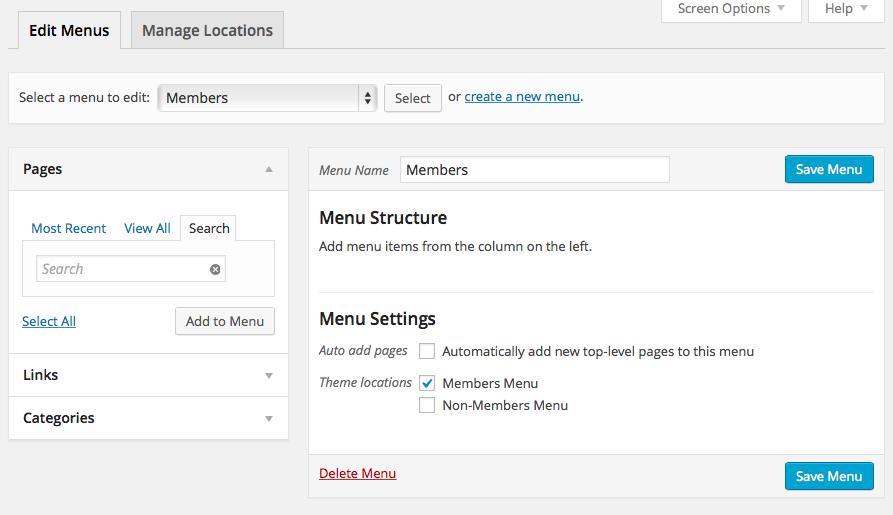 Create the Members and Non-Members Custom Menus on the Appearance > Menus screen in the WordPress admin