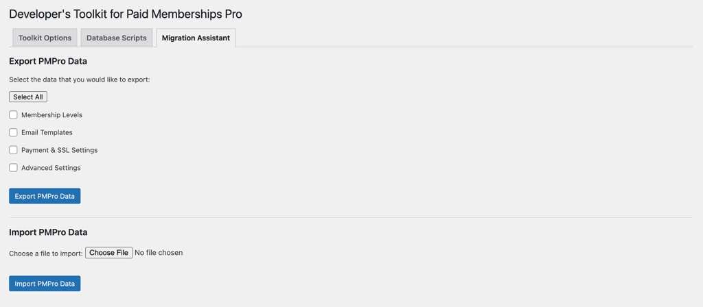Screenshot of Toolkit Migration Tools under the Tools > PMPro Toolkit Migration screen in WordPress