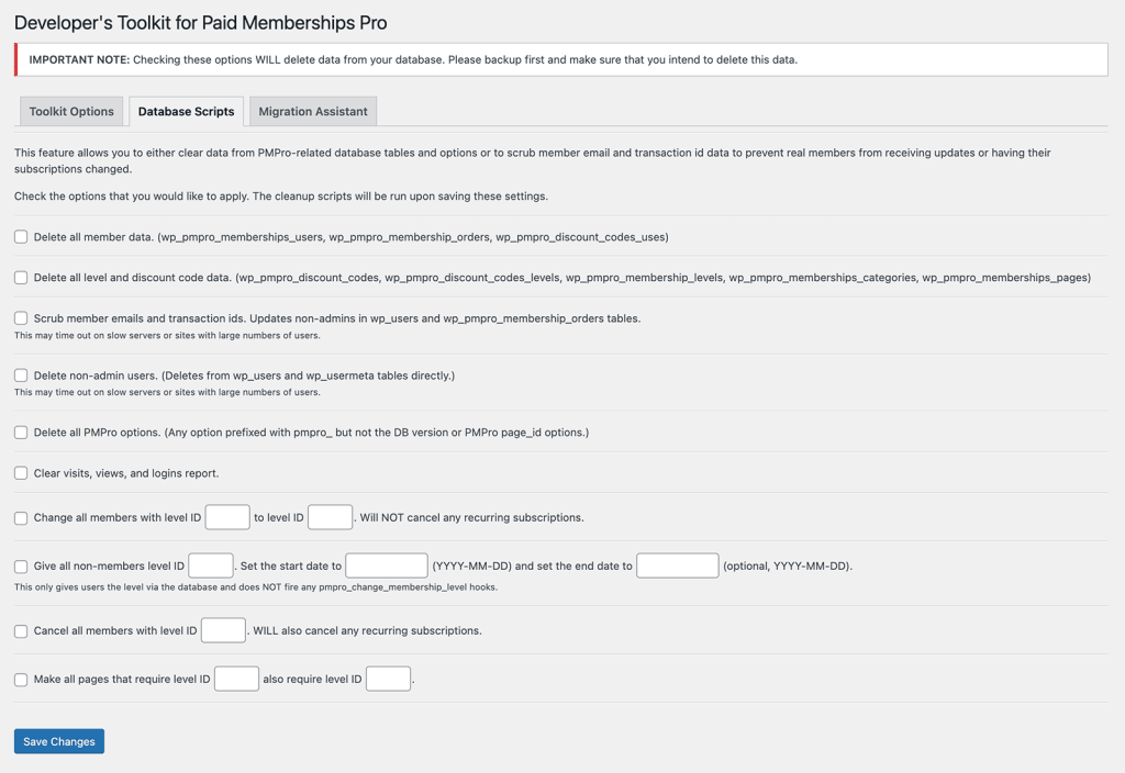 Screenshot of Toolkit Database Scripts under the Settings > PMPro Toolkit Scripts screen in WordPress