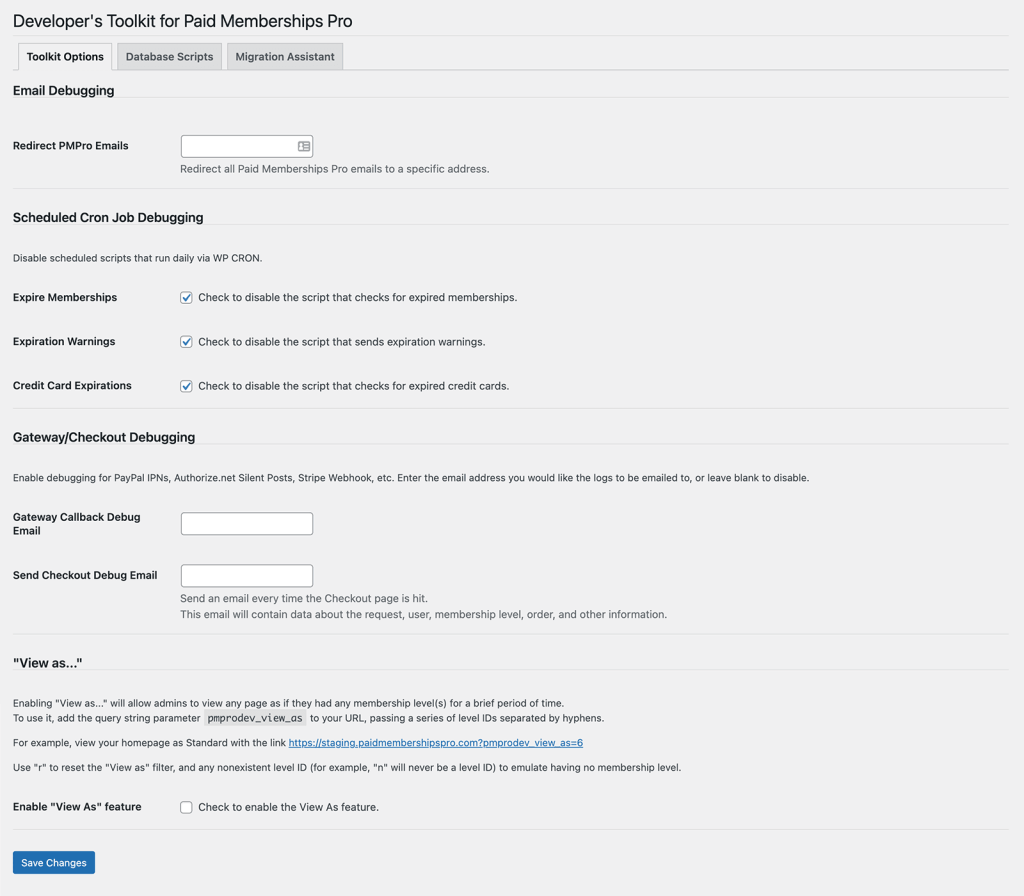 Screenshot of Toolkit Options under the Settings > PMPro Toolkit screen in WordPress