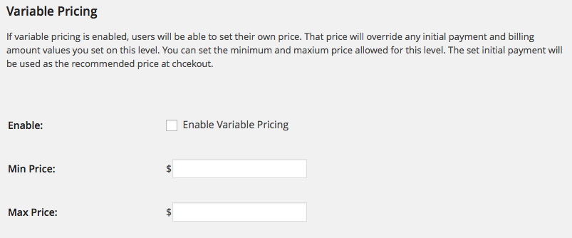 Variable Pricing Admin Settings