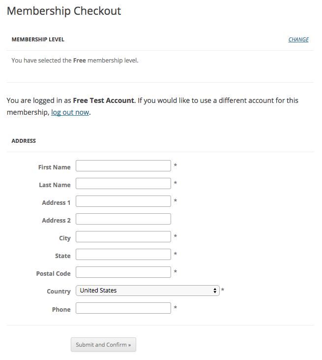 Screenshot of the Address at Membership Checkout for a Free Membership Level