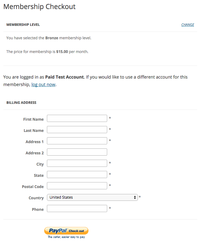 Screenshot of the Address at Membership Checkout with PayPal Gateway