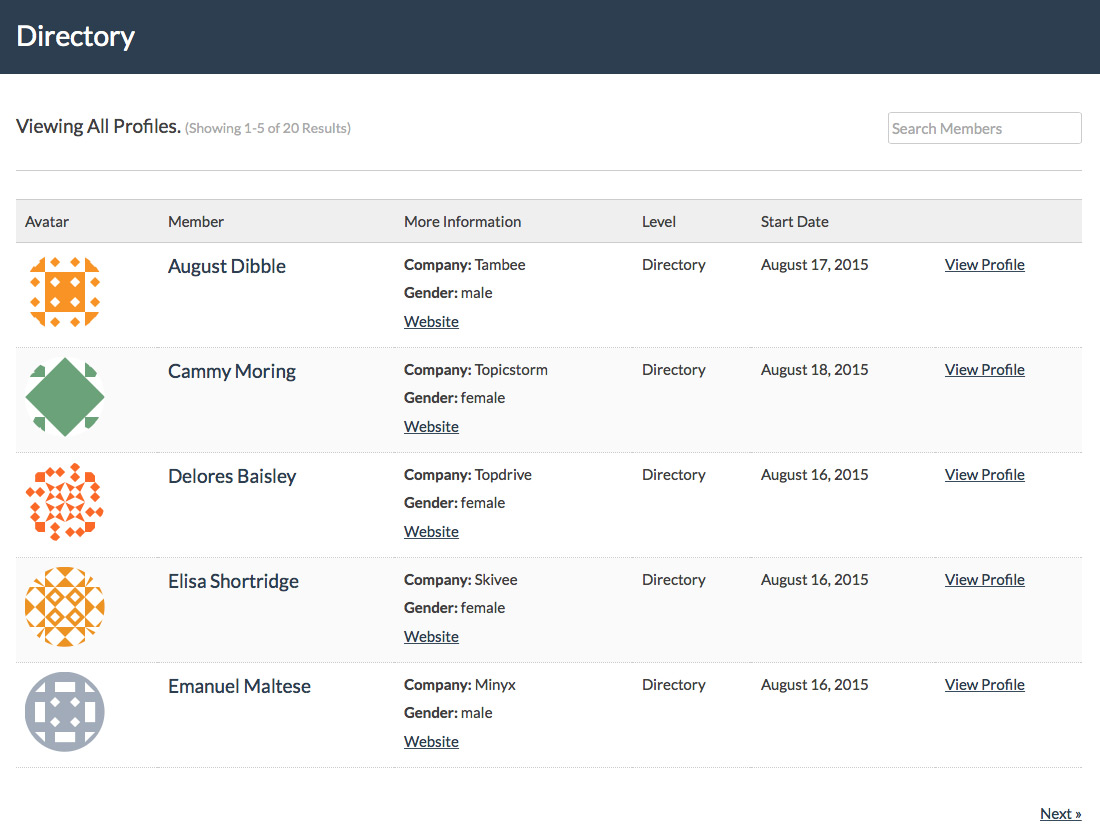 Screenshot for a Member Directory with Table Layout
