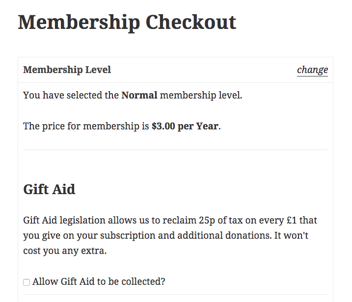 Screenshot of the Gift Aid section at membership checkout